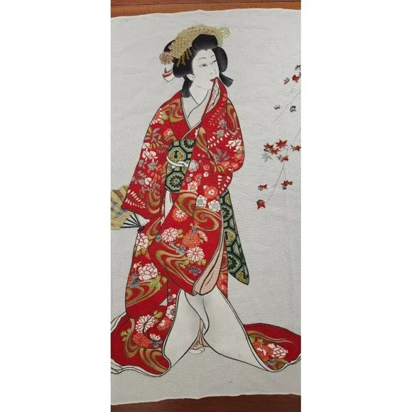 Vintage Japanese Scarf Geisha Kimono Art Print Red Gold Ivory Japan Size 28x 26